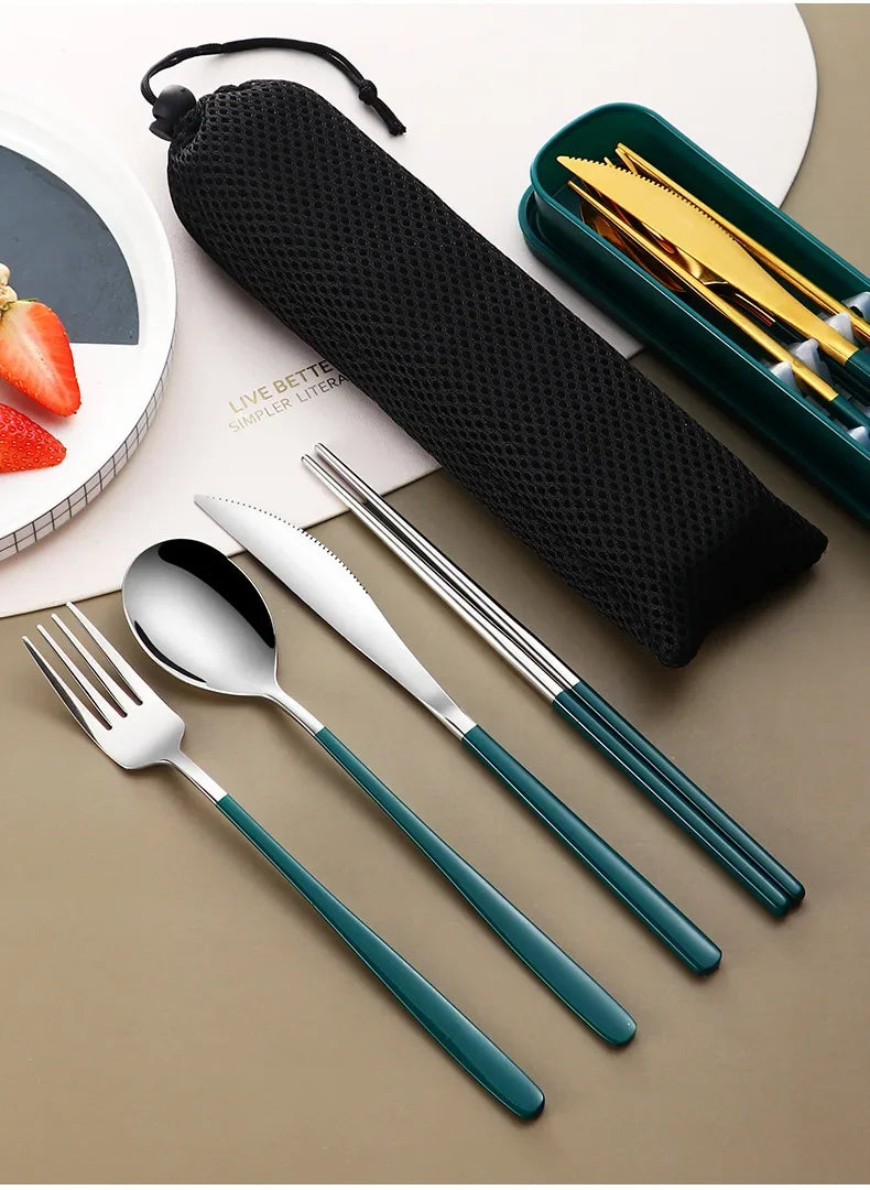Eco Friendly 304 Dinnerware Set, Portable Cutlery Sets with Case, Kitchen Accessories, Gold Knife Fork Spoon Silverware Sets