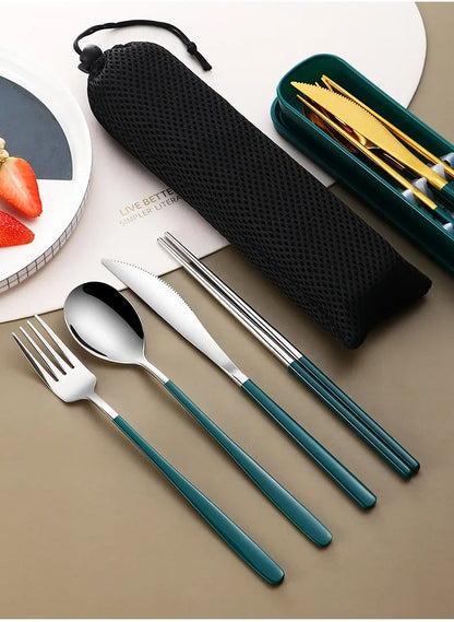 Eco Friendly 304 Dinnerware Set, Portable Cutlery Sets with Case, Kitchen Accessories, Gold Knife Fork Spoon Silverware Sets