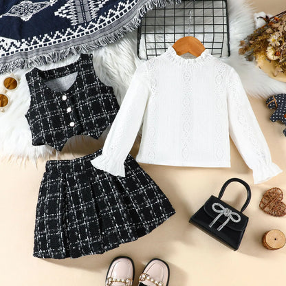 Autumn Winter Fashion Kids Outfits Set Toddler Long Sleeve Lace Tops Plaid Vest Jacket With Skirts For Girls Casual Elegant Wear