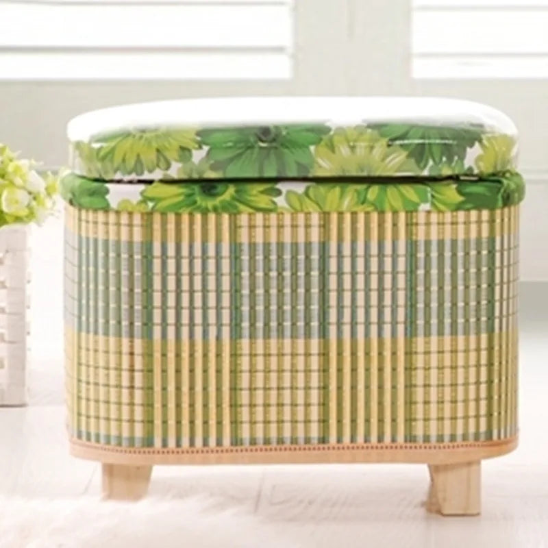 Eco-Friendly Bamboo Woven Storage Stool Wooden Multi-Functional Organizer Box Sofa Bench for Hallway Balcony Shoe Footrest