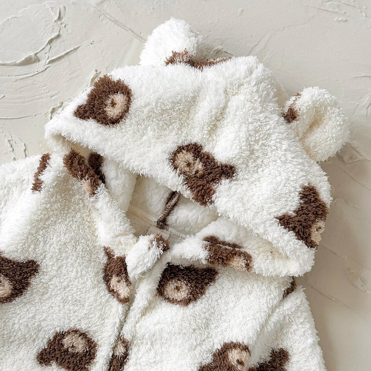 Baby Boy/Girl Wrap Foot Romper Hooded Bear Head Printed Plush Jumpsuit Winter Warm Bodysuit Clothes for 1-18 Months Toddler Boy