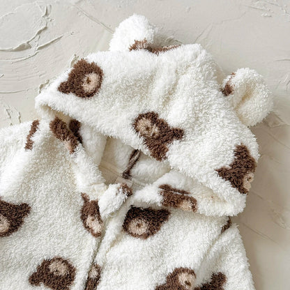 Baby Boy/Girl Wrap Foot Romper Hooded Bear Head Printed Plush Jumpsuit Winter Warm Bodysuit Clothes for 1-18 Months Toddler Boy