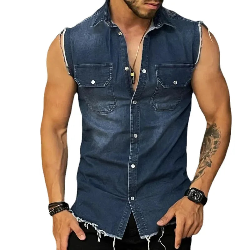 Denim Tank Tops Men's Trendy Shirts Denim Cardigan Lapel Sleeveless Top Men Tank Top Singlet Men Summer Clothing Streetwear