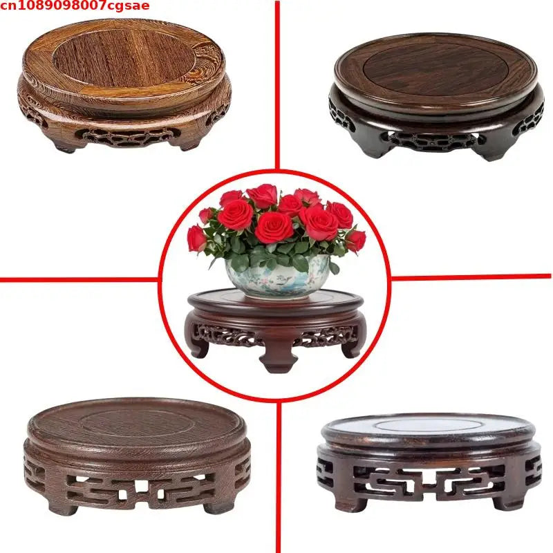 Eco-friendly Wooden Plant Stand Exquisite Carved Bonsai Holder Vase Flower Pot Sorting Table Shelf Home Decoration Wood Pedestal