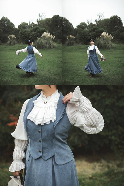 Autumn Winter Clothing Set Ladies Elegant Long Sleeve White Shirt Blouses Retro Vest with Fishbone Skirt Lolita 3 Piece Outfits