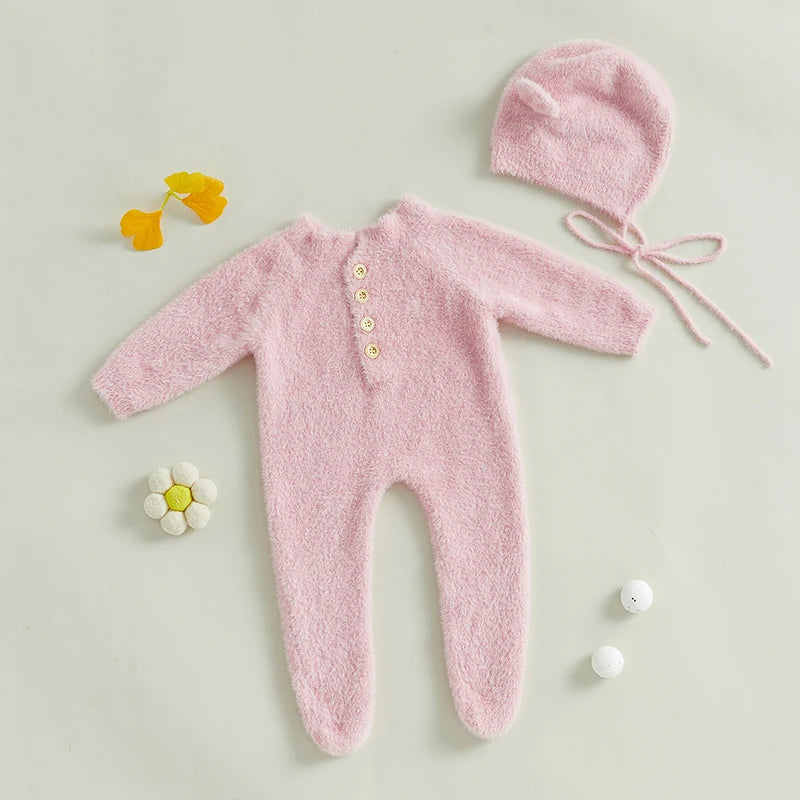 1-24M Baby Boy Girl Bodysuits Outfit Newborn Photography Props Plush Romper with Hat Photography Props