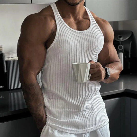 Men's Summer O-neck loose stripe gym Tank top Men Fitness sleeveless pullover Sports Undershirt Elasticity casual vest men tops