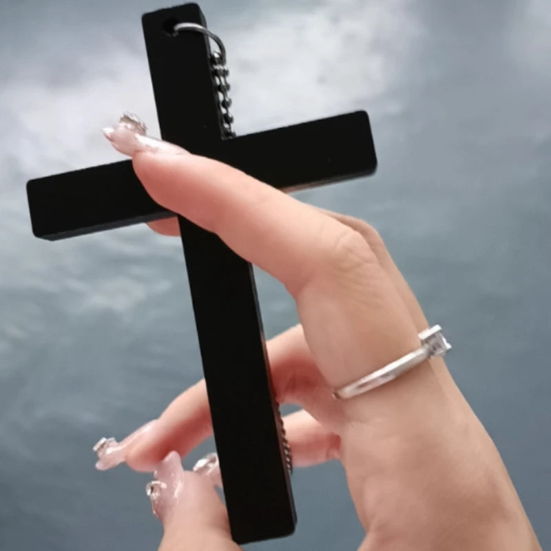 Korean Niche Design Wooden Cross Necklace Women's Long Collarbone Punk Retro Spicy Girl Y2k Neck Accessories