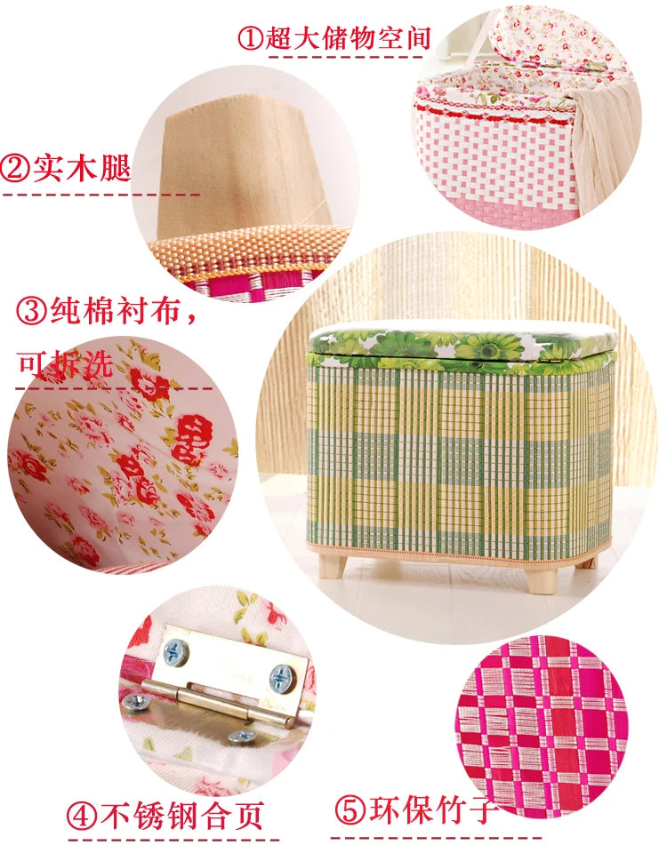 Eco-Friendly Bamboo Woven Storage Stool Wooden Multi-Functional Organizer Box Sofa Bench for Hallway Balcony Shoe Footrest