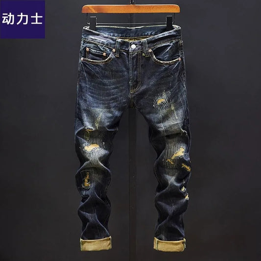 2024 Autumn/Winter New Fashion Solid Color Vintage Ripped Stretch Jeans Men's Casual Loose Comfortable High Quality Pants 28-36
