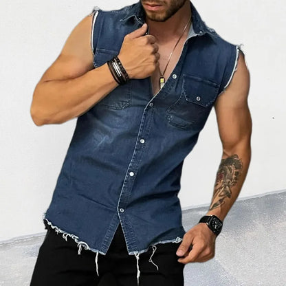 Denim Tank Tops Men's Trendy Shirts Denim Cardigan Lapel Sleeveless Top Men Tank Top Singlet Men Summer Clothing Streetwear