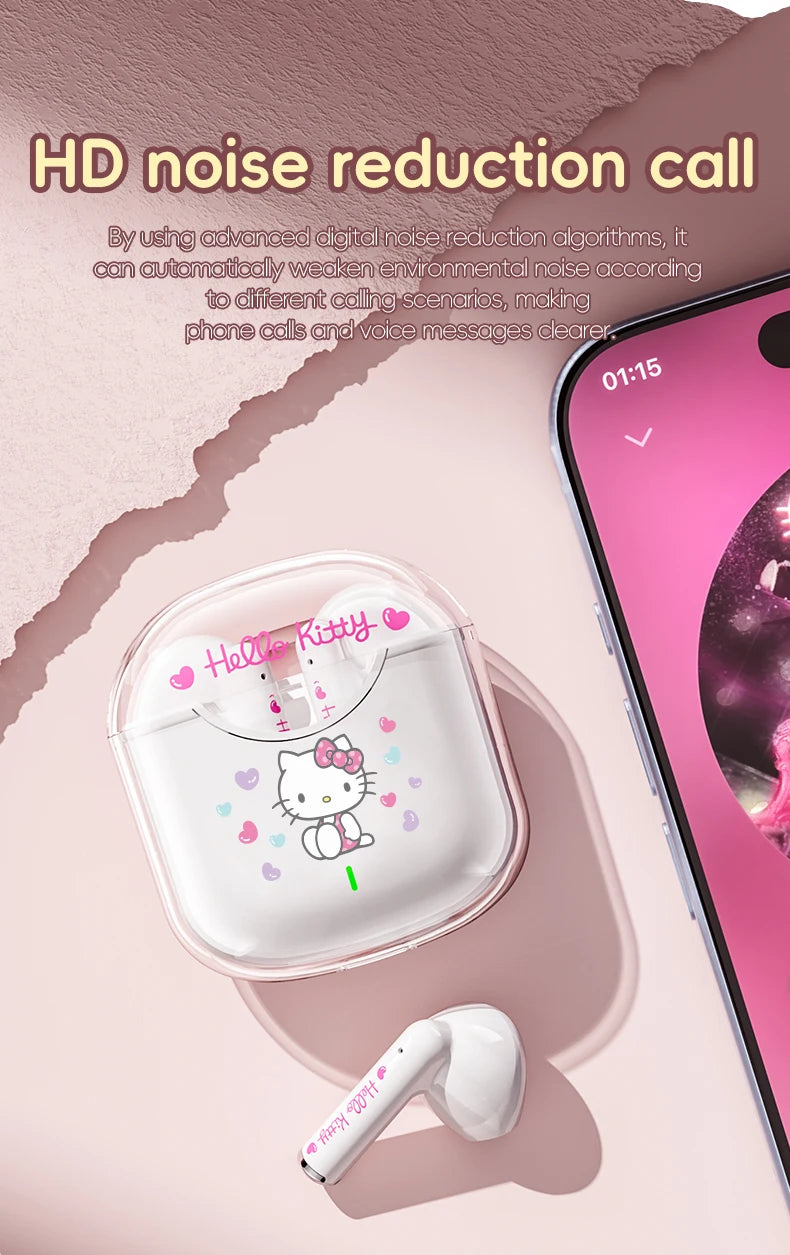 EBL19 Tws Wireless Bluetooth Headset Transparent Case Cute Hello Kitty Design Stereo Sound Earphones for All Smartphones