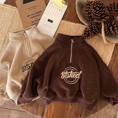 Boys Hoodies Sweatshirts Cotton Thicken Velvet 2024 Khaki Warm Winter Autumn Windproof Baby's Kids Children's Clothing