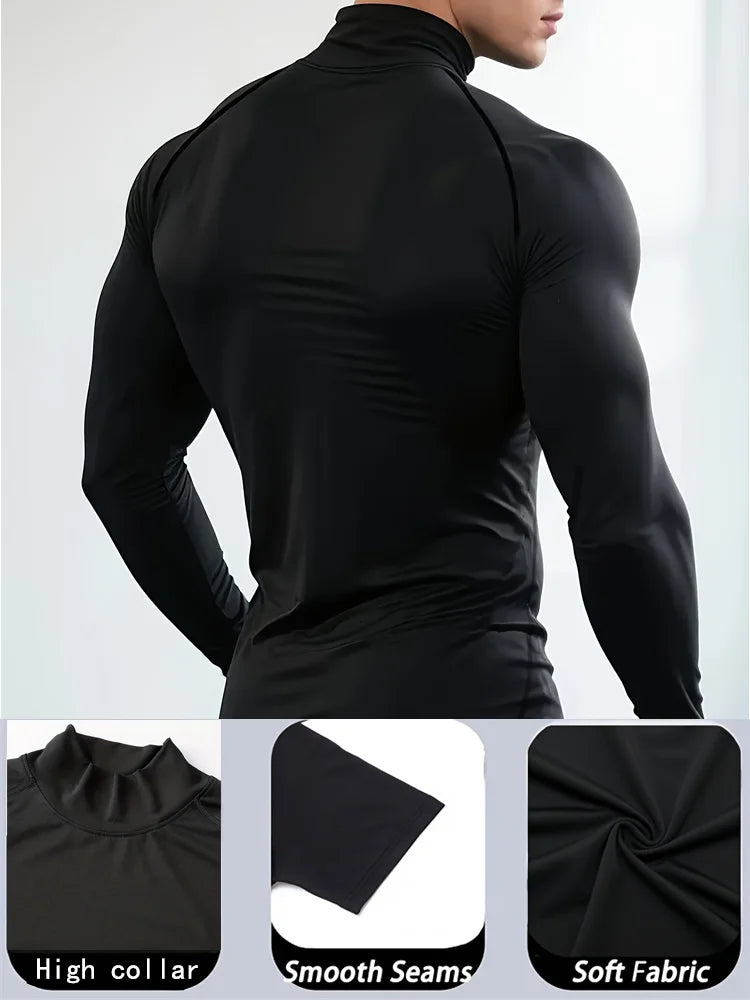 Men's Cross Print High Neck Breathable Training T-Shirt Quick-drying Long Sleeve Fitness Workout Stretch Tight Top S-3XL