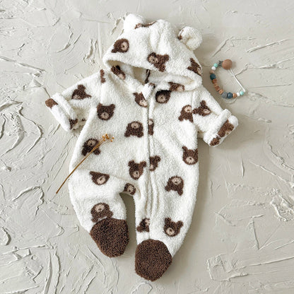 Baby Boy/Girl Wrap Foot Romper Hooded Bear Head Printed Plush Jumpsuit Winter Warm Bodysuit Clothes for 1-18 Months Toddler Boy