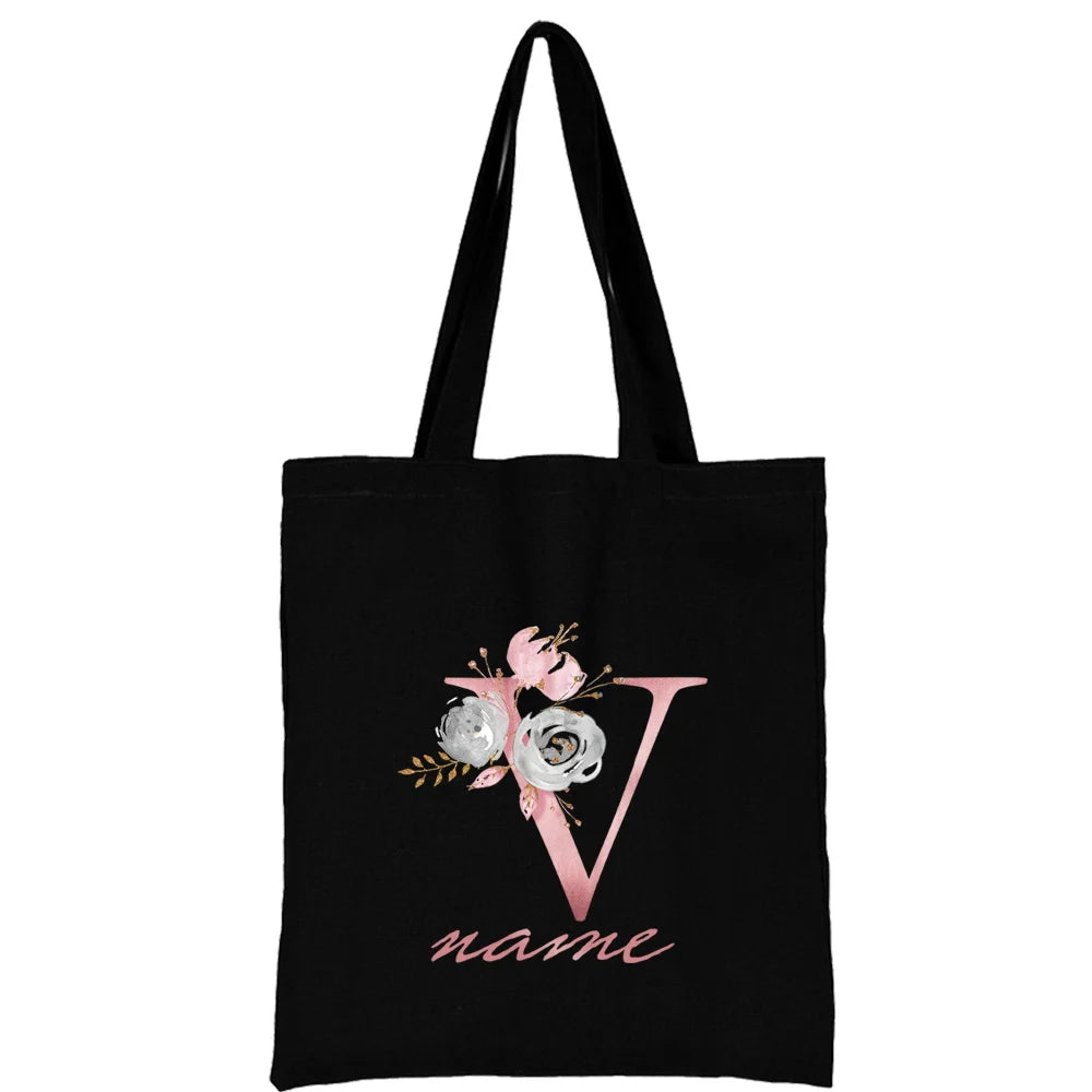 Custom Free Name Canvas Bags Women Shoulder Bag Handbags Pink Letter Beach Bags Tote Casual Woman Grocery Eco Shopping Bag