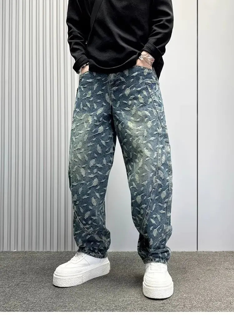 Jacquard Full Print Men's Jeans Retro Straight Loose Trend High Street Scimitar Long Pants 2025 Spring And Summer New