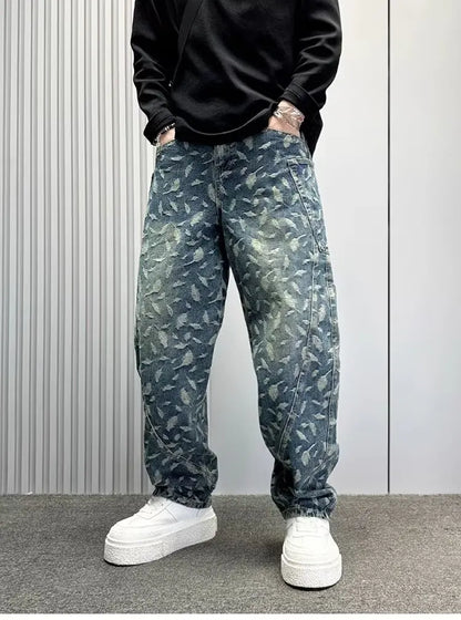 Jacquard Full Print Men's Jeans Retro Straight Loose Trend High Street Scimitar Long Pants 2025 Spring And Summer New