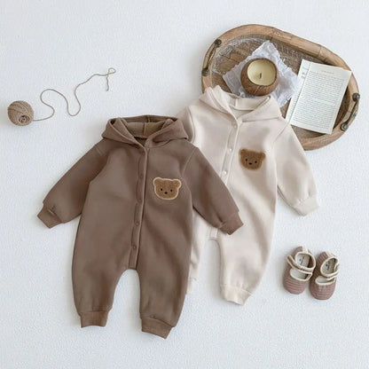 2023 Winter Warm Newborn Baby Clothes Boys Cotton Babies Romper Cartoon Bear Long Sleeve Hooded Girl Bodysuit for 0-24M Clothing