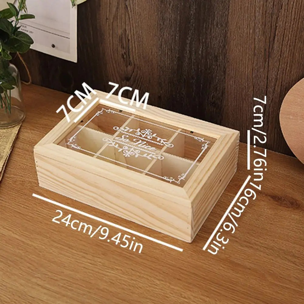 Eco-Friendly 6 Grids Wooden Tea Box Dust-proof with Clear Lid Desktop Organizer Handmade Multifunctional Tea Bag Holder Kitchen