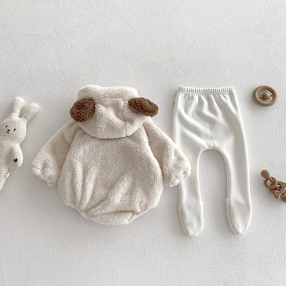 Baby Hooded Romper Bear Ears Cute Plush Baby Clothes Winter 0-2 Years Old Korean version Baby Clothes Baby Romper