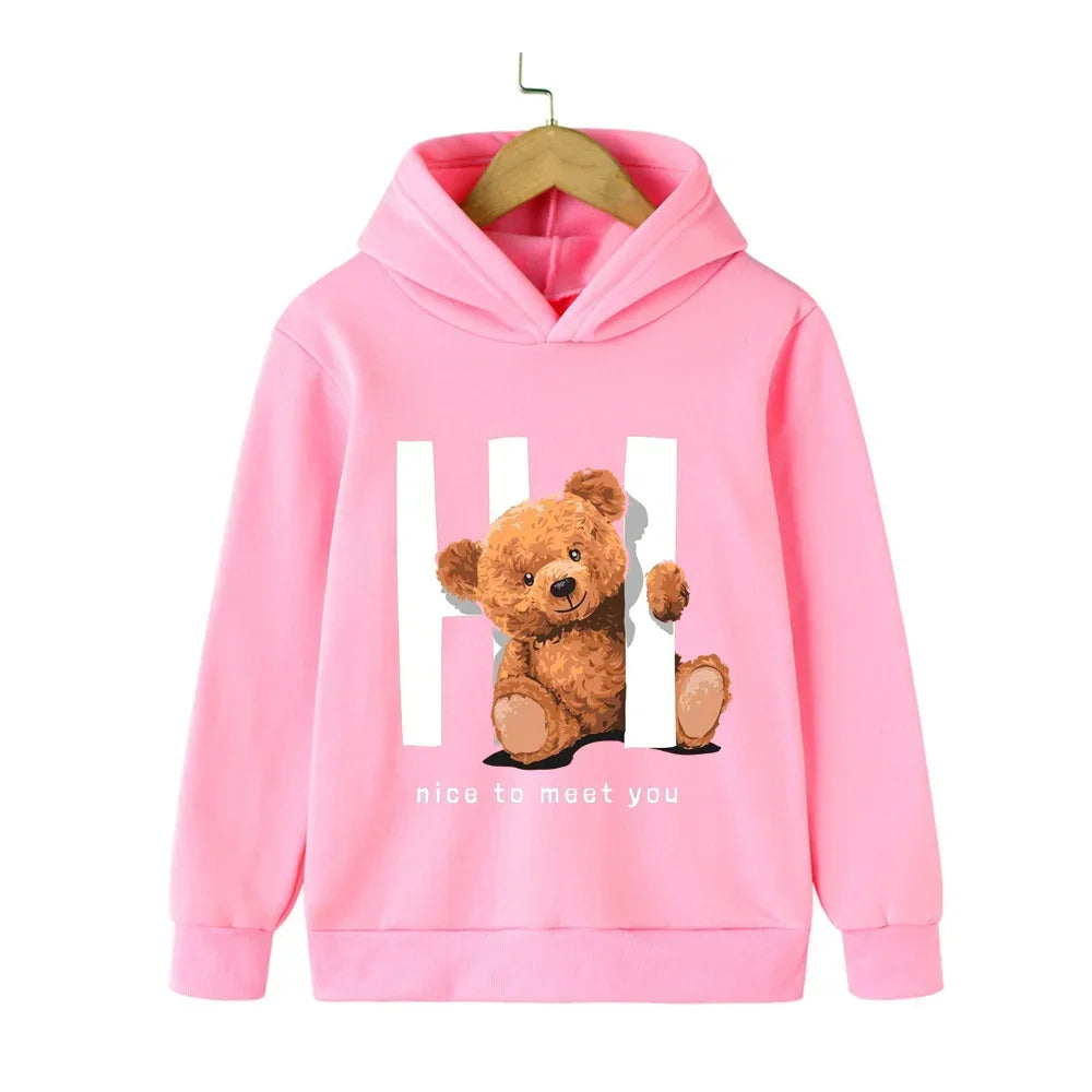 Autumn Winter Children Hoodies Kawaii Hi Teddy Bear Print Girls Boys Baby Clothes Casual Fashion Kids Sweatshirt Pullovers Tops