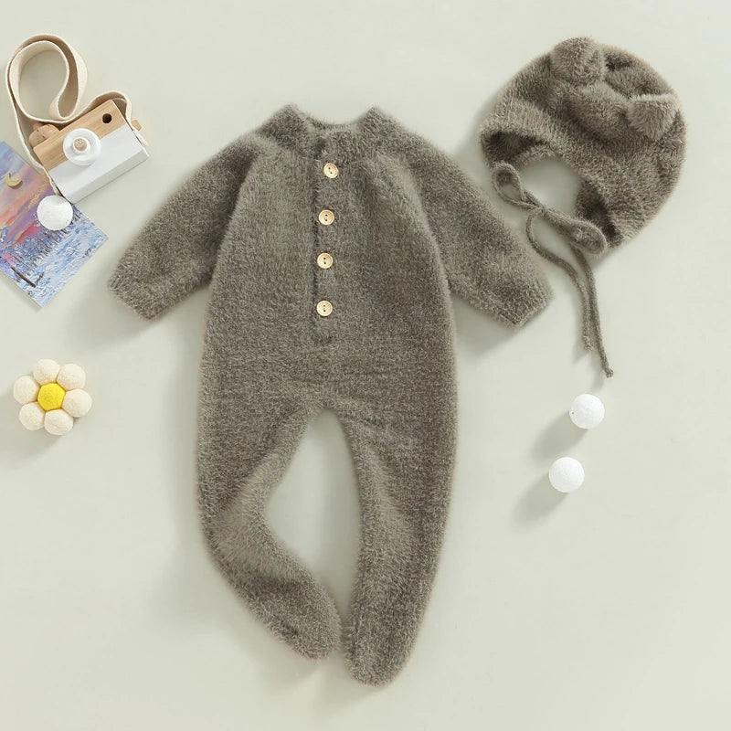 1-24M Baby Boy Girl Bodysuits Outfit Newborn Photography Props Plush Romper with Hat Photography Props