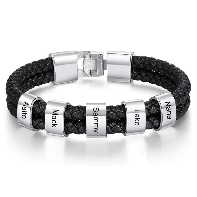 Custom Name Bracelets for Men Personalized Leather Bracelet with 1-5 Family Names Customized Gifts Jewelry for Dad Husband Son