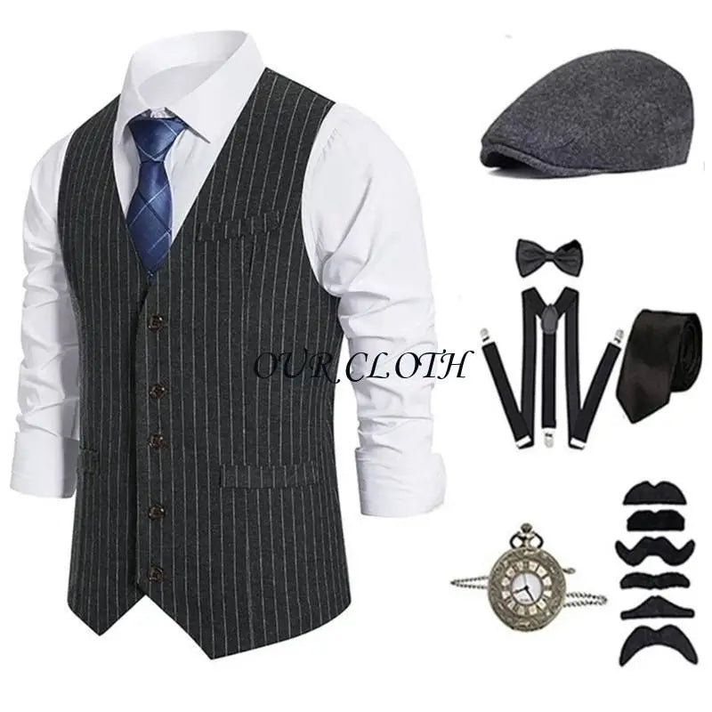 1920s Mens Costume Roaring 20s Outfit Accessories 1920s Men Mafia Costume 20s Gangsters Vest Hat Pocket Watch Suspenders Y1AC