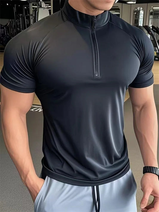 NEW Men's sports T-shirt Quick Dry Compression Running t Shirt Men Fitness short sleeve Shirt  Zippered round neck Tights Tops