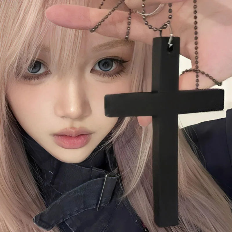 Korean Niche Design Wooden Cross Necklace Women's Long Collarbone Punk Retro Spicy Girl Y2k Neck Accessories