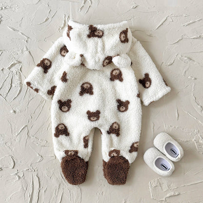 Baby Boy/Girl Wrap Foot Romper Hooded Bear Head Printed Plush Jumpsuit Winter Warm Bodysuit Clothes for 1-18 Months Toddler Boy