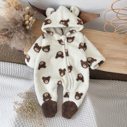 Baby Boy/Girl Wrap Foot Romper Hooded Bear Head Printed Plush Jumpsuit Winter Warm Bodysuit Clothes for 1-18 Months Toddler Boy