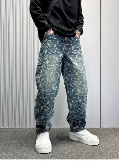 Jacquard Full Print Men's Jeans Retro Straight Loose Trend High Street Scimitar Long Pants 2025 Spring And Summer New
