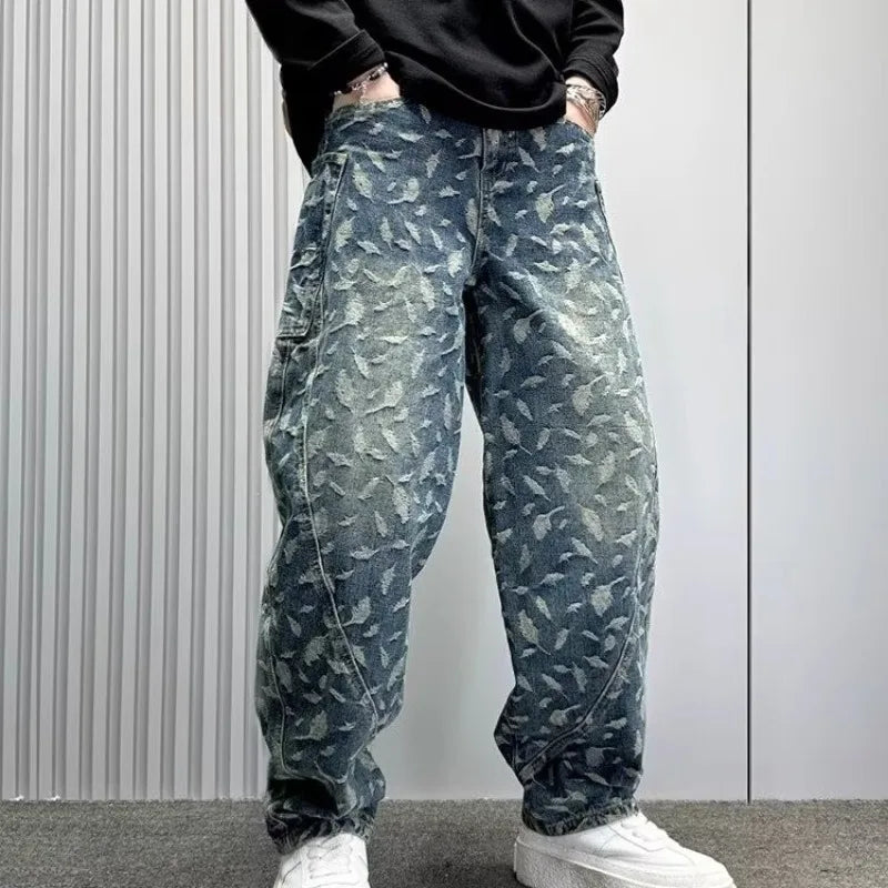 Jacquard Full Print Men's Jeans Retro Straight Loose Trend High Street Scimitar Long Pants 2025 Spring And Summer New