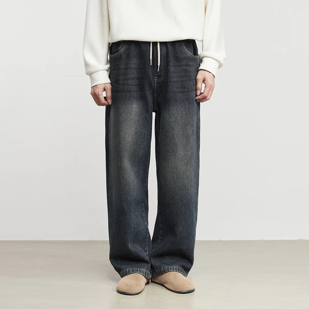 Fashion Men's Casual Thick Jeans 2025 Autumn Winter New Elastic Waist Fleece Lined Washed Loose Straight Leg Casual Long Pants