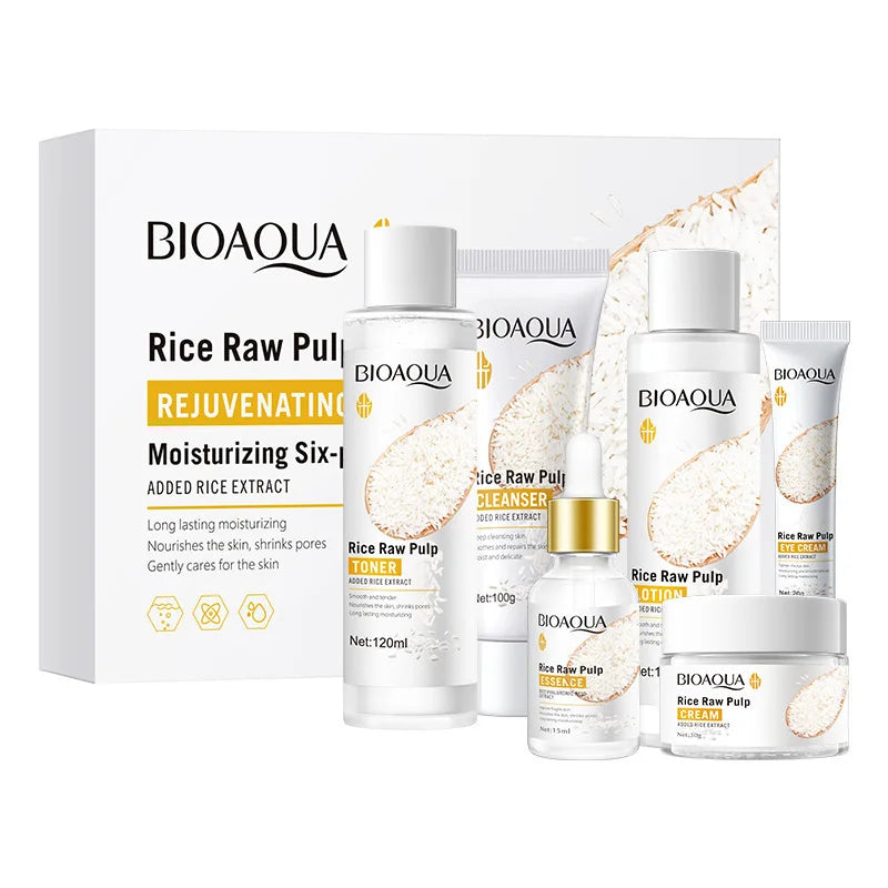 6pcs/lot BIOAQUA Rice Raw Pulp Skin Care Set Face Cream Serum Firming Moisturizing Facial Cleanser Toner Korean Face Care