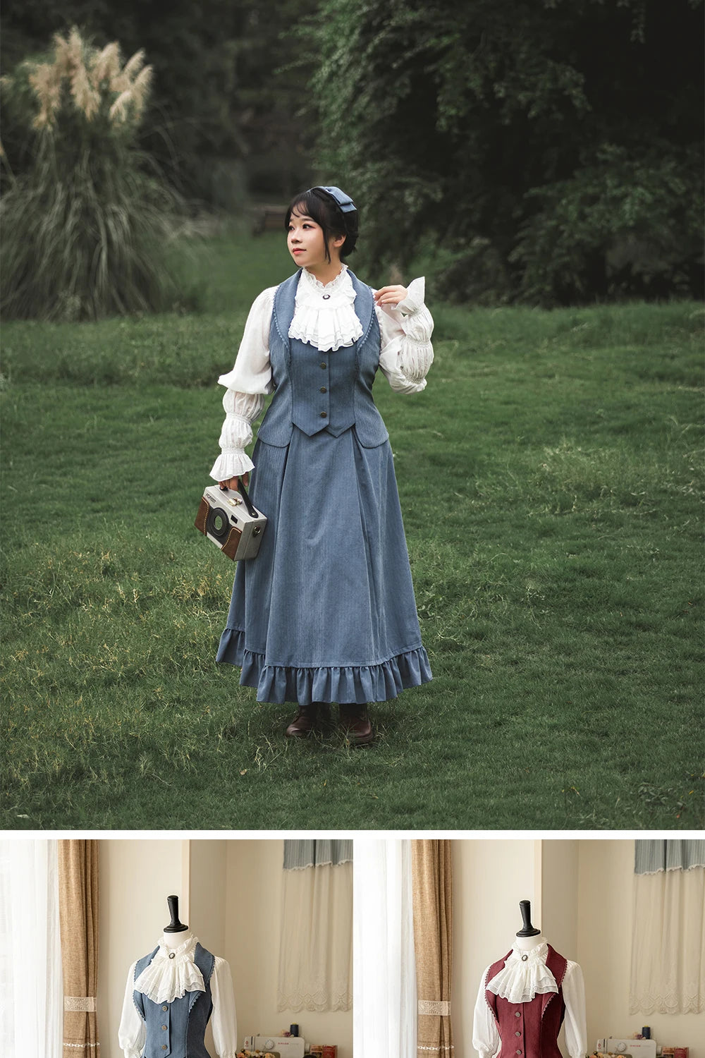 Autumn Winter Clothing Set Ladies Elegant Long Sleeve White Shirt Blouses Retro Vest with Fishbone Skirt Lolita 3 Piece Outfits