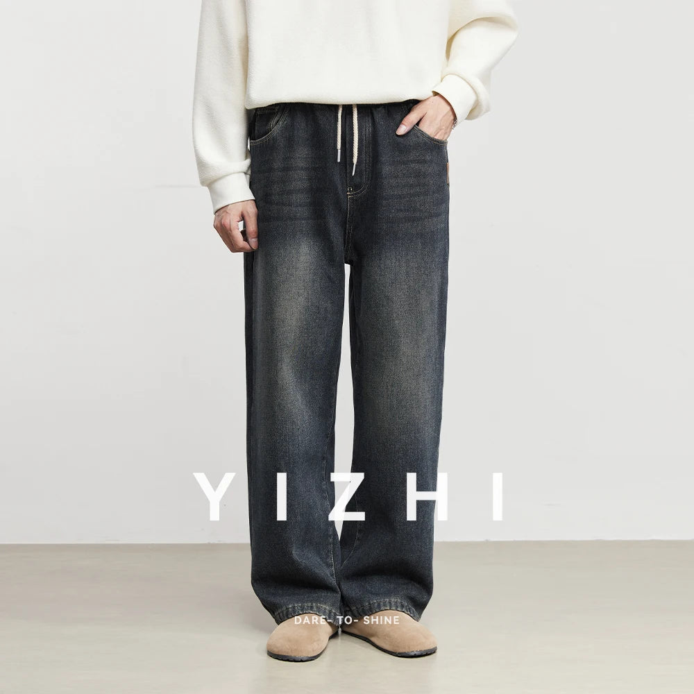 Fashion Men's Casual Thick Jeans 2025 Autumn Winter New Elastic Waist Fleece Lined Washed Loose Straight Leg Casual Long Pants