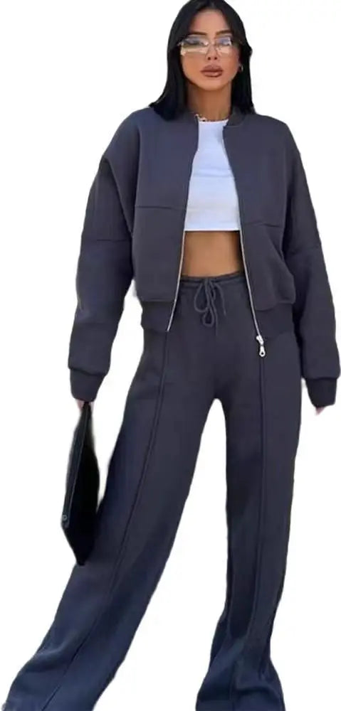 Autumn Outfits For Women 2 Piece Set Solid Color Zipper Loose Jacket + Drawstring Wide-leg Trousers Camping Tenue De Sport Femme