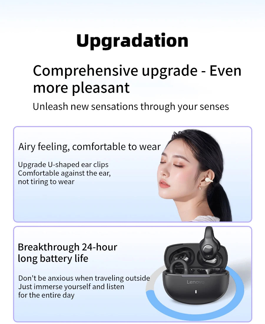 Lenovo Wireless Sport Earbuds Active Noise Cancelling Clip on Comfortable Headphones with Long Battery Life Hi-Fi Sound Bt 5.4