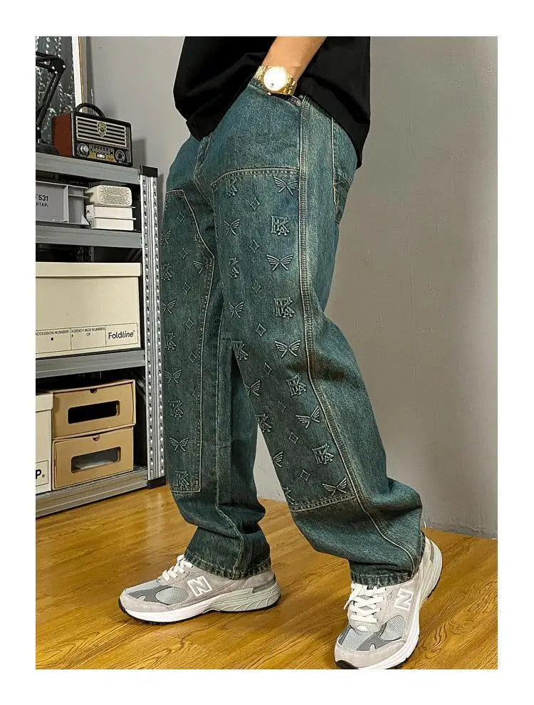 Embossed Trendy Workwear Jeans Men's Loose Straight Leg Retro Washed Trendy Casual Pants