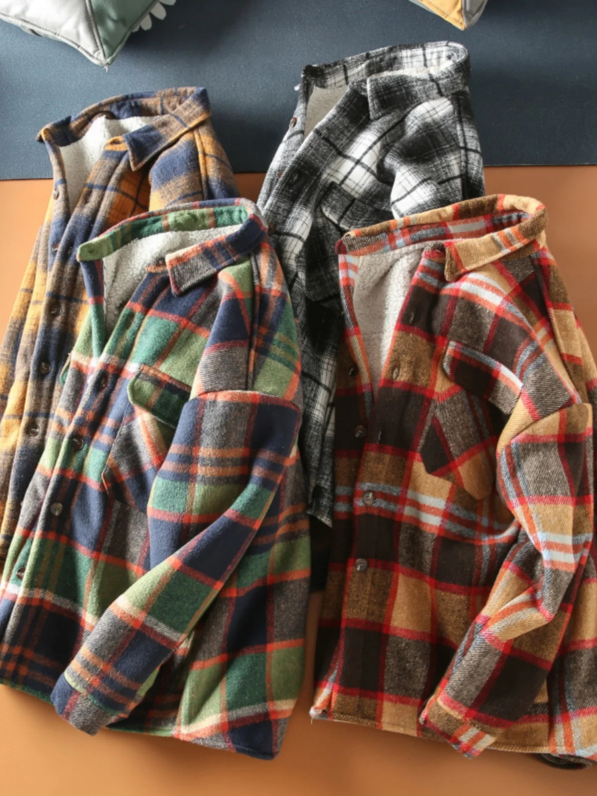 Autumn Winter American Sle Men's Casual irt Collared Fce Lined Thiened Brued Plaid Lamb Velvet Coat Youth Trend