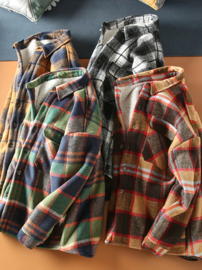 Autumn Winter American Sle Men's Casual irt Collared Fce Lined Thiened Brued Plaid Lamb Velvet Coat Youth Trend