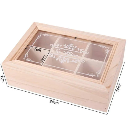 Eco-Friendly 6 Grids Wooden Tea Box Dust-proof with Clear Lid Desktop Organizer Handmade Multifunctional Tea Bag Holder Kitchen