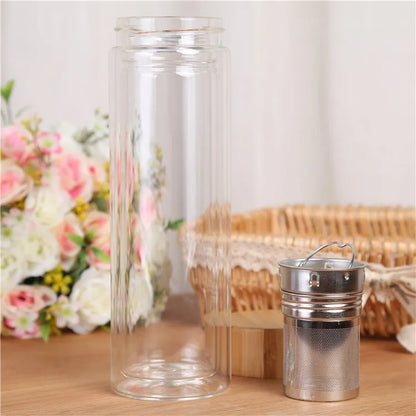 300/400/500ML Double Wall Glass Water Bottle Stainless Steel Filters Bamboo Lid Travel Home Drinkware Tea Infuser Office Tea Cup