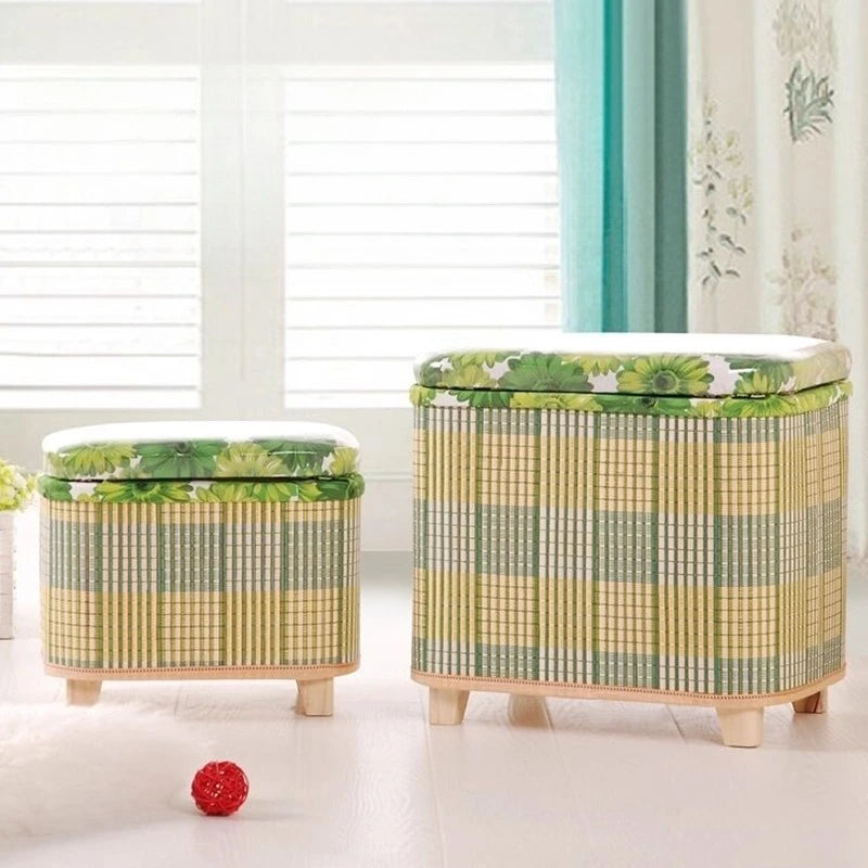 Eco-Friendly Bamboo Woven Storage Stool Wooden Multi-Functional Organizer Box Sofa Bench for Hallway Balcony Shoe Footrest