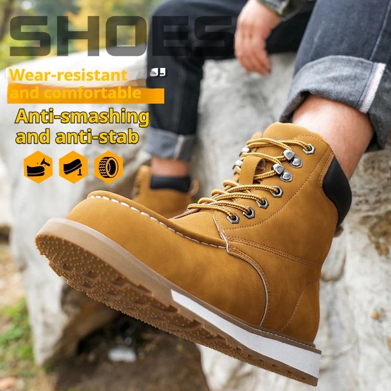 Mens High Top Safety Work Boots Water Resistant Steel Toe Shoes Slip/Oil Resistant Rubber Sole for Warehouse & Logistics Work