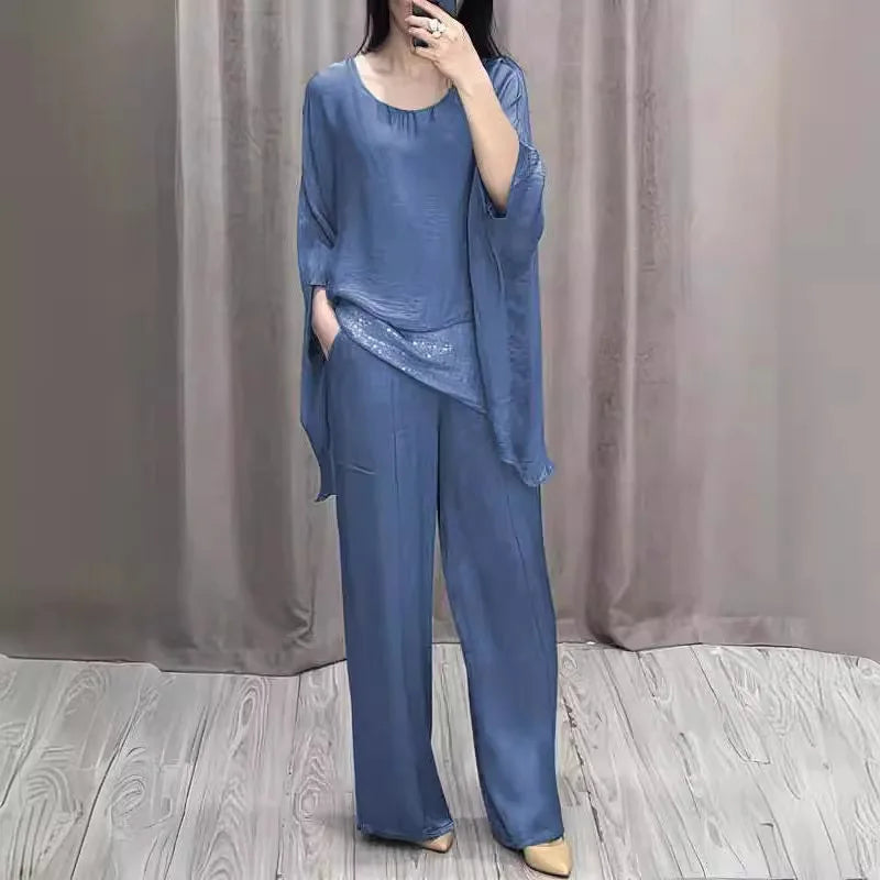 Fashion 2 Piece Set Party Outfits New Spring Summer Elegant Women's Suit Casual Bat Wing Sleeve Blouse Top With Wide Leg Pants