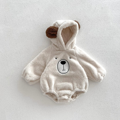Baby Hooded Romper Bear Ears Cute Plush Baby Clothes Winter 0-2 Years Old Korean version Baby Clothes Baby Romper